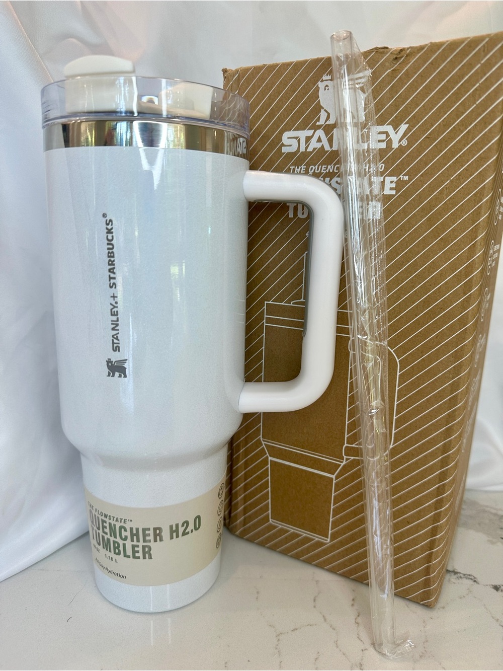 Starbucks x Stanley Quencher H2.0 40oz White Shimmer Tumbler NWT